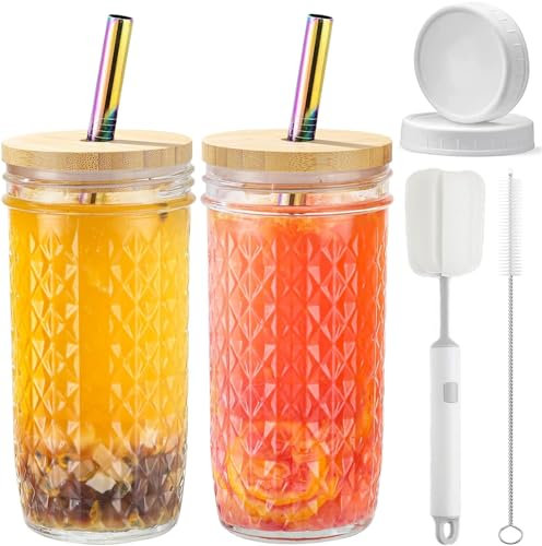 CJWLKJ 2 Pack Glass Tumbler Cups with Bamboo Lids and Straws, 24oz Boba Bubble Tea Cups with 2 Airtight Lids Iced Coffee Cup, Reusable Diamond Mason Jar Drinking Glasses for Smoothie, Juice, Gift