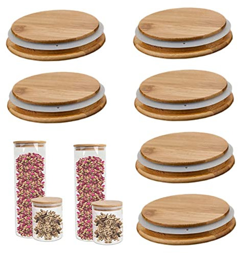 OnIUeZky Tapa de Tazas de Madera de 6 Piezas Jares de frascos con Tapa de Tazas de Madera de Sellado de Silicona Tapa de Almacenamiento de Vidrio herméticamente para frascos de Olla GU.