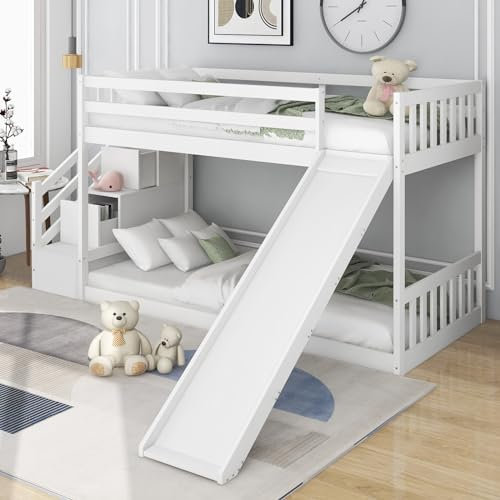 Skcess Etagenbett Mit Treppe Und Rutsche, Rahmen Aus Massivem Kiefernholz, Kinderbett Mit 2 Schubladen In Der Treppe, 90X200Cm, Weiß