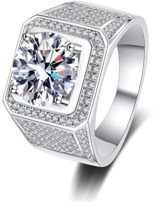 Whoiy Verlobungsring Herren Weißgold 585, Trauring Breit Echt Gold für Männer mit Lab Diamant 2ct, D, VVS1-VVS2, Gr. 48 (15.3)