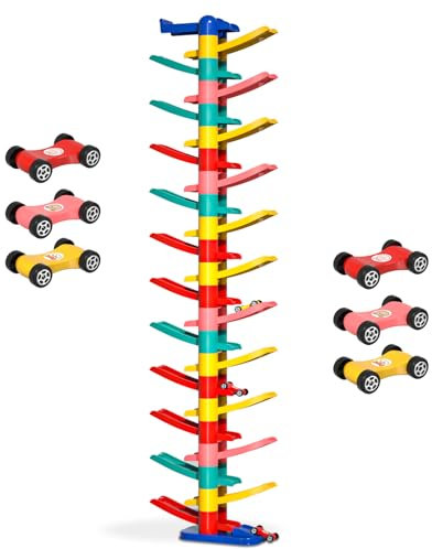 Doloowee Ultrahoch Kugelbahn Autos Car Rampe Spielzeug mit 6 Mini Autos,Auto-Rennbahn für Jungen und Mädchen,Geschenk 3 4 5 6 Jahr Junge