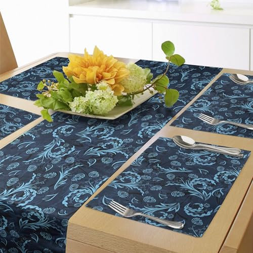 ABAKUHAUS Blau Tischläufer & 4 Stück Tischsets, Abstrakte Damast inspirierte Curvy Flower Figures Ornate Flourish Royal Revival Retro, Tischdeko-Set, 180 x 40 cm, Indigo Aqua