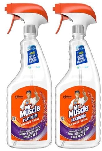 Mr Muscle Platinum Shower Shine Spray Prevents Soap Scum & Limescale 750ml 2 Pack with Welari Thank You Card | 2 Pack | 2 x 750ml