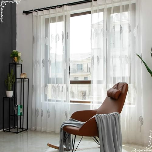 Gardinenschals 2er Set mit Schlaufen, Vorhänge Halbtransparent Nordisch Jacquard mit Grau Bäume Muster 86x138CM Gardinen Polyester Weiß Lichtdurchlässig Schiebevorhänge Wohnzimmer Schlafzimmer