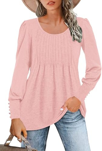 WNEEDU Camicetta da Donna con Manica Lunga a Sbuffo Tunica Elegante a Pieghe con Scollo Rotondo Top T-Shirts(Rosa Chiaro,XL)