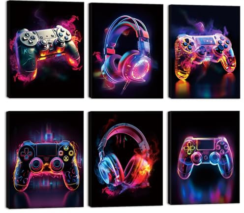 CHDITB 6Pcs Watercolor Gaming Wall Art,Video Game Poster Set,Colorful Neon Game Painting Prints