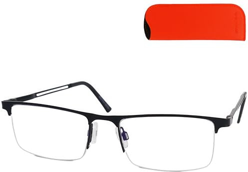 Lunettes de lecture demi-cerclées rectangulaires, étui orange inclus | Acier inoxydable et verres transparents, largeur 136 mm, poids 28 g. Une monture pour homme et femme.
