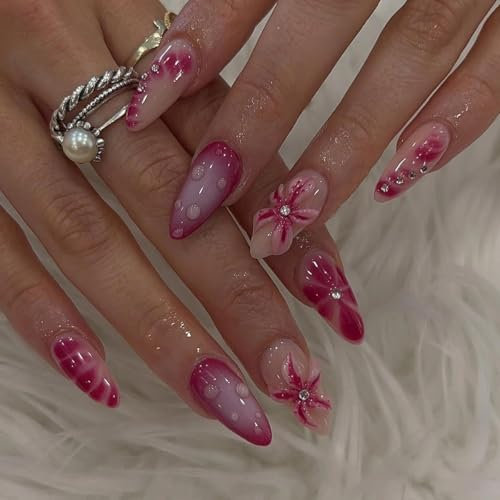 Faux Ongles Court MouyouGlow,Amande Rose Airbrush 3D Fleurs Crystal Gyaru Sweet Coquette Press on Nails avec Colle à Ongles,Magenta Flowers Été Fake Nails
