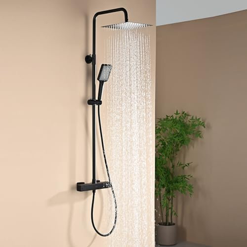 DETBOM Set de Ducha Cuadrado Acero Inox, Grifo Termostático de Ducha Cromado, Con 25 CM Cabezal de Ducha Lluvia y Ducha de Silicona Mano 3 Funciones, Barra Ducha de altura ajustable, Negro Mate