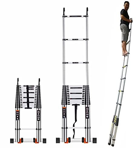 Klappbare Aluminium-Teleskopleiter für Dachbodenzugang/Dachzelt, abnehmbare Drehhaken, höchste Traglast 136 kg, 5 m Verlängerungshöhe