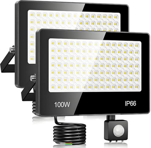 LAMLAMCK LED Strahler mit Bewegungsmelder Außen 100W - 2 Stück 10000LM 6500K Kaltweiß LED Scheinwerfer mit Bewegungsmelder, IP66 Wasserdichte Fluter Außen für Höfe, Gärten, Gehwege, Garage
