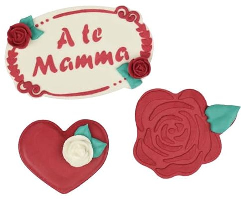 Set Targhetta A TE MAMMA, Rosa rossa e Cuore - in zucchero - Topper decorazione per torta e dolci - per la festa della mamma o di compleanno