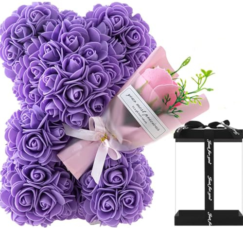 CH HIUBIE Rose Bear Rose Teddy Bear Flower Gift Box for Valentine's Day Anniversary Mother's Day Christmas Birthdays Bridal Showers Fully Handmade (Purple + Gift Box, 1)