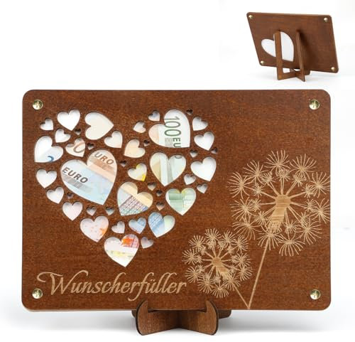 Geldgeschenk,Wunscherfüller Geschenke für Brautpaar,Originelle Hochzeitsgeschenke aus Holz inkl. Ständer, Geldgeschenk Verpackung für Hochzeit, Geburtstag, Jugendweihe & Reisen (Holz-Herz)
