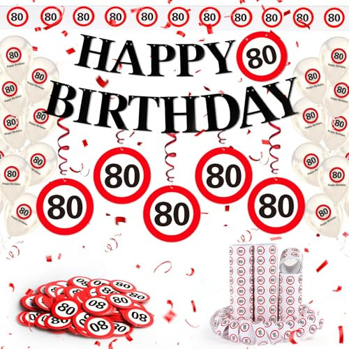 WenmthG 80 Geburtstag Deko Männer Frauen, 80. Geburtstag Deko mit Girlande, Luftballons, Luftschlangen, Banner, Konfetti - Verkehrsschild zum 80 Jahre, Verkehrszeichen 80. Geburtstagsdeko