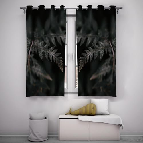 Verdunkelungsvorhänge mit Waldmotiv Farnblatt-Design auf schwarzen, von der Natur inspirierten Raumverdunkelungsfenstervorhängen zum Schutz des Raumes 2X B140 x H180 cm