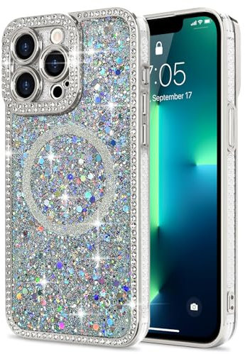 Lafunda Glitter Case for iPhone 13 Pro Max Compatible with Magsafe, Sparkly Bling Diamonds Phone Case for Women Girls Soft TPU Slim Bumper Anti-Scratch Shockproof Magnetic Protective Cover-Silver