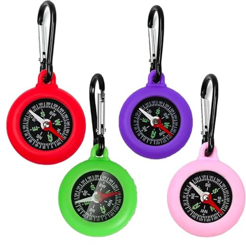 4 Stück Kompass Kinder, Mini Compass Schlüsselanhänger, Kompass Outdoor Mit Karabinerhaken, für Outdoor Ferienlager Camping Wandern Reisen Tragbar Wasserdichter, Geschenke Kinderkompass
