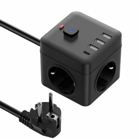 3 Fach Steckdosenwürfel mit USB C, 1,5 m Verlängerungskabel, Schwarz | Mehrfachsteckdose mit 3 USB-A & 1 USB-C, Steckdosenleiste mit Flachstecker, Überlastschutz & Schalter für Büro Zuhause Reisen
