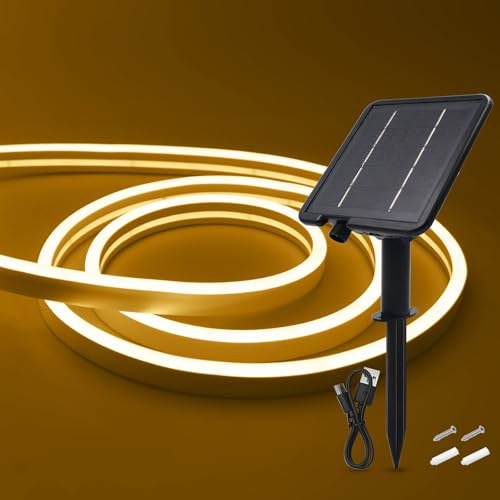 HEGEHE Solar LED Strip, Solarbetriebene Neon LED Streifen Außen, 120leds/m, 8 Modi, Schneidbar, IP65 Wasserdicht Diffusion Flex LED Schlauch Band für Garten, Balkon, Treppe (Warmweiß, 2M)