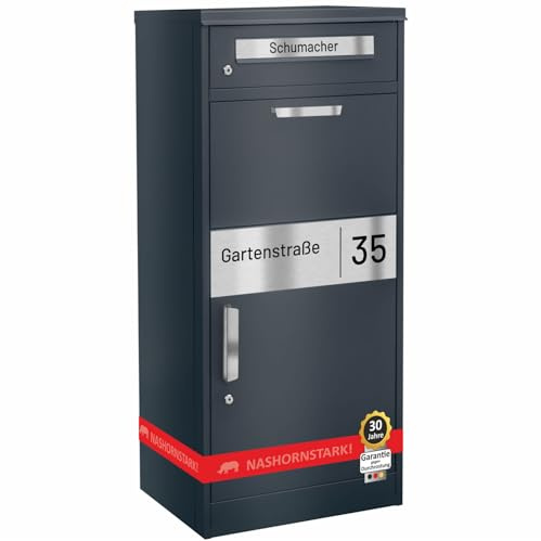 AL Paket-Line - Briefkasten mit Paketfach groß XXL wetterfest mit Namensgravur Paketbriefkasten freistehend drinnen und draußen rostfrei Anthrazit RAL 7016 Paketbox modern massiv mit Rückholsperre