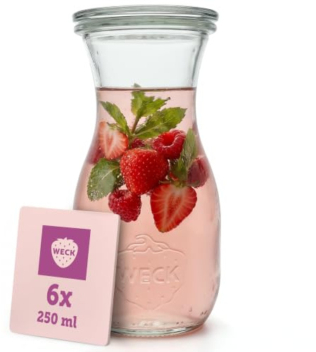 Weck Glaskaraffe 250ml – 6er Set – Trinkflasche aus Glas mit Glasdeckeln zum Befüllen – als Wasserflasche, Glaskaraffe mit Deckel oder zum Einkochen & Verschenken