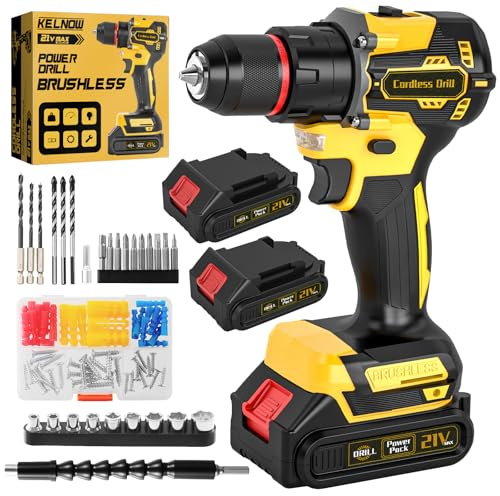 Brushless Cordless Hammer Drill Set, 21V Impact Drill Driver and Screwdriver Set with 2 Batteries, 25+3, 10mm Heave Duty DrillChuck, 2 Speed Power Combi Battery Drill Set with 87 Accessories for DIY