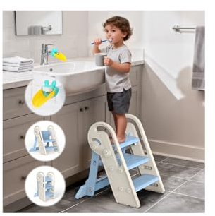 Onasti Tritthocker Kinder, Höhenverstellbar 3 Stufen Hocker Kinder, Trittschemel für Baby mit Handhaben, Klappbar, Anti-Kipp und Anti-Rutsch, für Küche, Badezimmer, Waschbecken und Toilette (Blau)