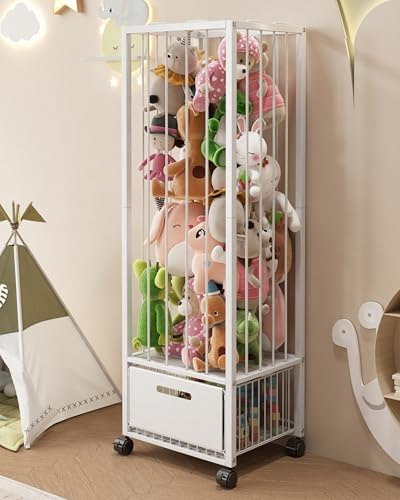 UMDONX Teddy Storage Shelf Soft Toy Organiser Rack with Elastic Band - Large Stuffed Animals Zoo Plush Cage with Bottom Drawer, Durable Metal White