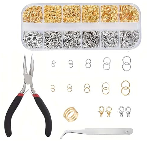 1200 Pcs Jump Rings for Jewelry Making Kit, Jump Rings and Necklace Clasps with Jump Ring Pliers Tools for Jewelry Making Supplies and Necklace Repair (Silver, Gold)