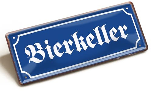 Bierkeller Blechschild 28x12cm - Vintage Metallschild Altdeutsche Schrift - Retro Wanddeko für Hausbar Partykeller - Nostalgie Kellerschild Rustikale Brauerei Dekoration im Used-Look Blau Weiß