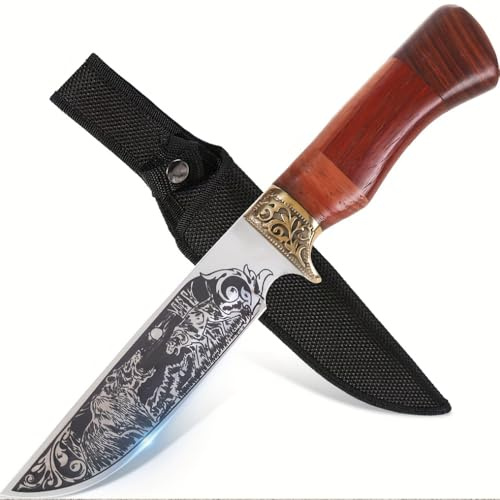 GER-SABER Outdoor Messer 26 cm – Gerade Rücken Klinge mit Bär-Wolf-Lasergravur, Verzierter Messing Handschutz, Mehrschichtiger Rosenholz-Griff, Mysteriöser Naturbegleiter