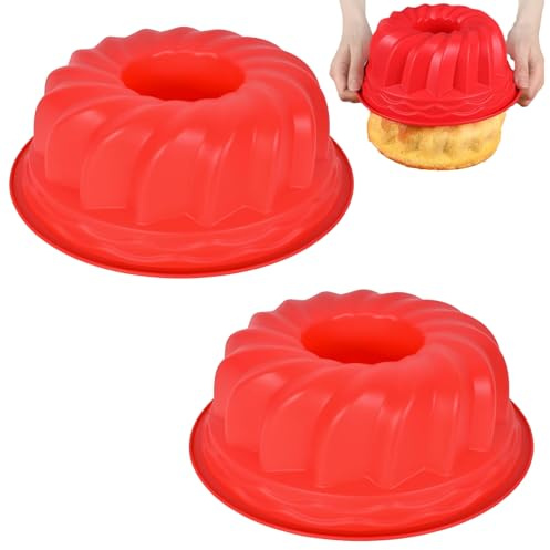 FuYelng 2 pcs Molde Bizcocho Savarín Hondo Silicona Antiadherente 23×10cm | Forma de Espiral Moldes Cake Resistencia a Altas Temperaturas, para Reposteria Pan Mousse Donas Etc (Rojo)