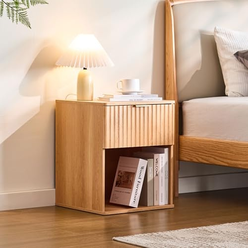 LINSY HOME Kleiner Nachttisch, Holz Nachtschrank mit Schublade, Nachttische Eiche, Beistelltisch Endtisch für Schlafzimmer Wohnzimmer Sofa Couch Büro 40 x 40 x 50 cm (1er Set)
