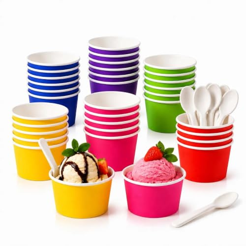 Fancysky Eisbecher Pappe 30 Stück mit Löffel, Bunt Dessertschalen 6 Farben | 160ml Papp-Eisschalen für Eis, Desserts, Pudding, Joghurt, Leckerli