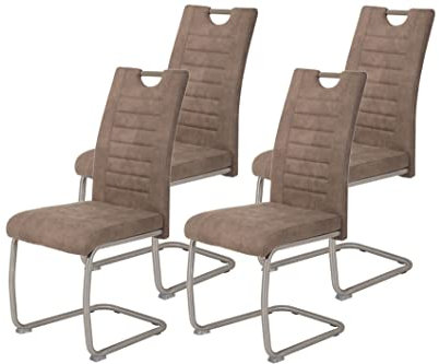 Hela Tische, 4er Set Esszimmerstuhl Ulla, Bezug Microfaser Vintage-Optik Schlamm, Metallgest. Rundrohr Edelstahl (echt)
