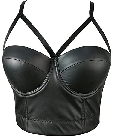 Woboren Damen Korsett Bustier BH aus Kunstleder Dessous Leder Tank Top Trägertop Crop Top Corsage Clubwear Shirt Unterhemd Leder top Schwarz L