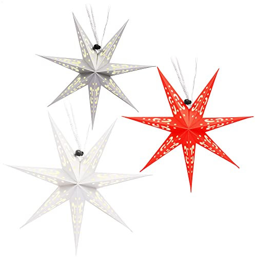 com-four® 3X Leuchtstern in 3D mit LEDs - Weihnachtsstern mit LED Beleuchtung und Timer - Premium Papierstern zum Aufhängen