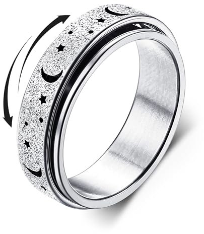 Diamday Anti-Angst Spinner Ringe Fidget Band Ringe für Stress Angstlinderung für Damen Herren Edelstahl Roller Ringe Stress Ringe Drehbarer Ringe Angst Ringe Mondstern Sand Blast Finish Silber 57