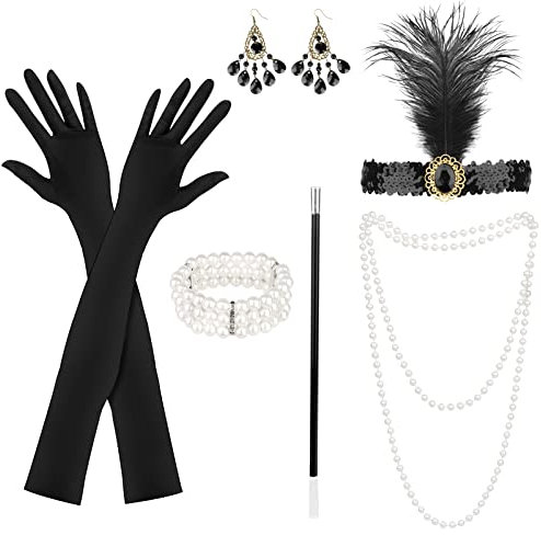 KEWUZY 6 Teiliges 20er Jahre Accessoires, 1920 Zubehör Set, Great Gatsby Party Kostüme Damen mit Flapper Stirnband Handschuhen Perlenkette Ohrringen für Halloween Weihnachten