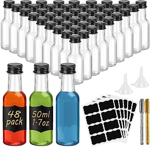 WenYa 48 Pack Mini Liquor Bottles, 50ml Empty Small Plastic Bottle with Lids (Leak Proof Black Screw Caps), Reusable Miniature Alcohol Bottles with Labels Funnel for Weddings Parties