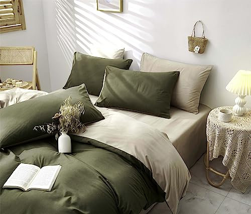 Freyamy Bettwäsche 220x240 cm Grün Dunkelgrün Beige Uni Einfarbig Wendebettwäsche Gewaschene Mikrofaser 3teilig Bettwäsche Set 1 Deckenbezug und 2 Kissenbezug 80x80 cm mit Reißverschlüsse