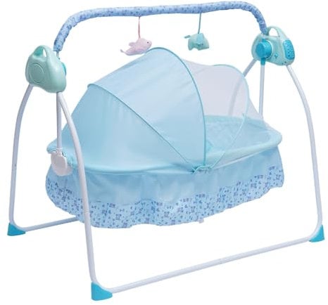 BJTDLLX Babywippe Babyschaukel Elektrische Baby Wiege mit 5 Geschwindigkeit, Deluxe Baby Schaukel mit Musik, Klappbarer Babyschaukel Elektrisch, Fernbedienung & Timing-Funktion (Blau)