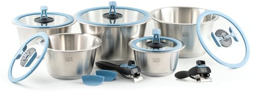 cookvision nesto stapelbares Topfset 14-tlg. Blau, 5 Edelstahltöpfe induktions-, backofen- und spülmaschinengeeignet, Set mit 5 Glasdeckeln, 2 abnehmbare Griffe, für Paare, Camping, Reisen