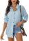 Irevial camisa lino mujer Blusa de Informal Elegante Tops con Botones Camiseta de Gran tamaño con cuello de pico de manga larga Camisa Mujer con Bolsillo Azul cielo，S