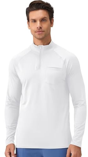 Sillictor Long Sleeve Gym Top Men Half 1/4 Zip Running Top Mens UPF 50+ Quick Dry Football Training Tops Mens Base Layer for Hiking Golf High Wicking Sun Protection Full Sleeve T Shirt 1519 White M