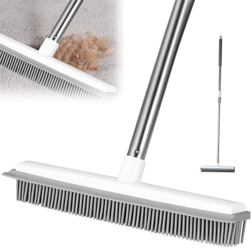 Pet Hair Removal Rubber Broom With Adjustable Long Handle - Carpet Brush With Built-in Squeegee for Cat Dog Hair - Floor Sweeper for Fluff, Hardwood, Window, Tile (135CM)