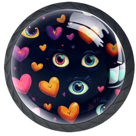 4 Stück runde schwarze Schrankgriffe, Schrankknauf, Schubladengriff, Halloween-Augen, bunte Herzen, Schubladenknöpfe mit Schrauben, Möbeldekoration