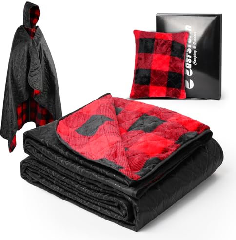 E EASTSTORM Reisedecke Autodecke, 300gsm Hautfreundliche Flanell-Innenausstattung mit Kissenverpackung, PU 3000 Wasserdicht, Warme Winddichte Camping Outdoor Decke, Hoodie Decke Geschenk, 200x140CM