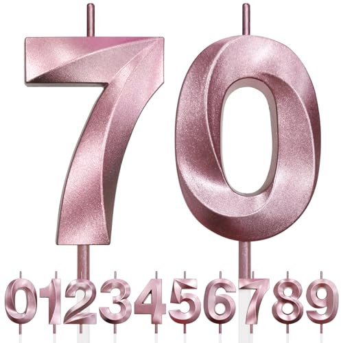 70th Birthday Candle, 3D Design Rose Gold Glitter Number Candles, Cake Topper Decorations, Cake Candle for Birthday Party, Wedding Anniversary, Baby Shower, Party Decoration (Pink Gold)